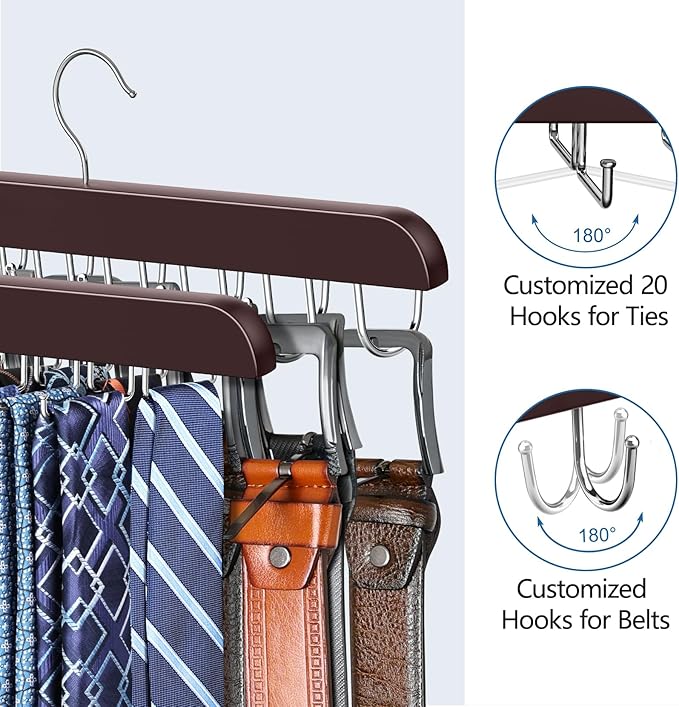 2 Pack Tie Rack & Belt Hanger 2 in 1 Tie Hanger Space Saving Max 42 Belts& 60 Ties Capacity for Closet Organizers and Storage, Sturdy Wood Belt & Tie Closet Organizers and Storage