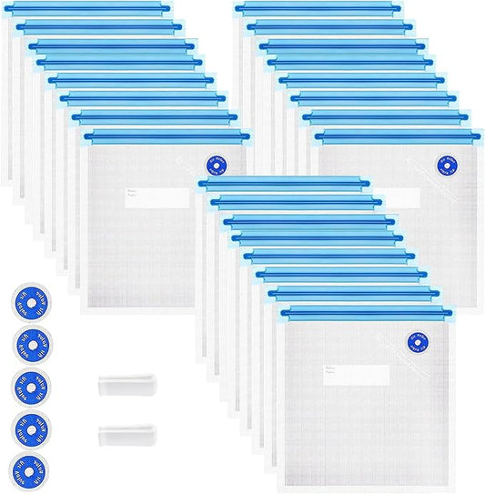 Higfra Reusable BPA Free Vacuum Sealer Bags (8.5 * 8.5in), 31 Pcs (24 Pcs Vacuum Zipper Bag & 2 Seal Clips & 5 Air Valves), Plastic, Clear, Double Zipper Seal, Microwaveable, Food Storage, Cooking