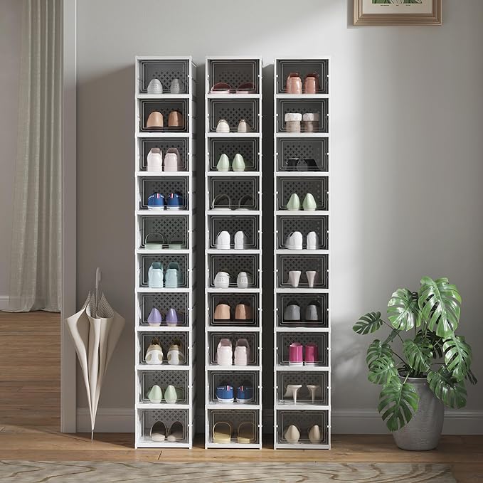 HOMCOM 10 Pack Foldable Shoe Organizer, Plastic No Assembly Stackable Shoe Storage Box with Clear Door, Space Saving, Fit up to US Size 10, White