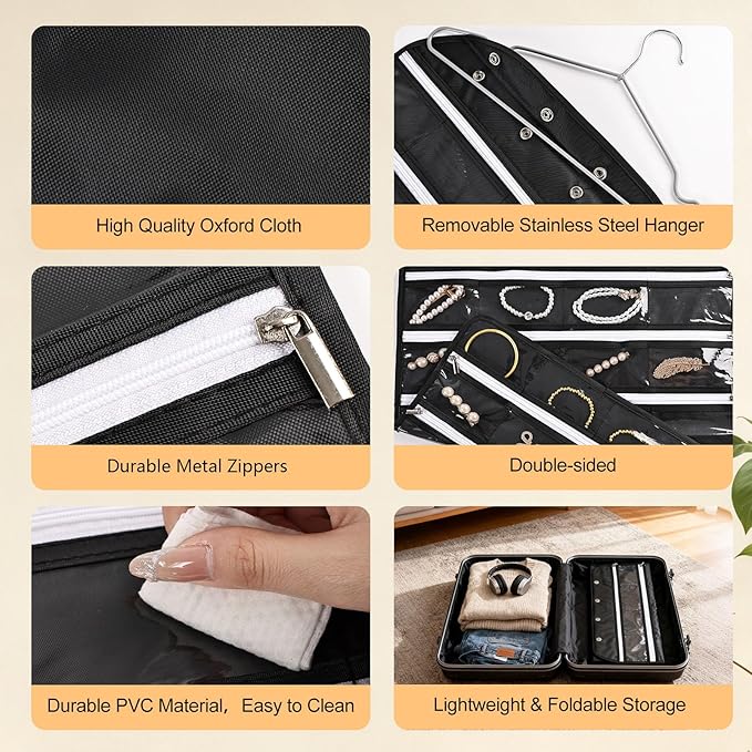Hanging Jewelry Organizer Storage Roll 80 Zippered Pockets with Detachable Hanger Double-Sided Foldable, Travel Jewelry Holder for Earrings, Rings, Bracelets, Hanging on Closet, Wall, Door, Black