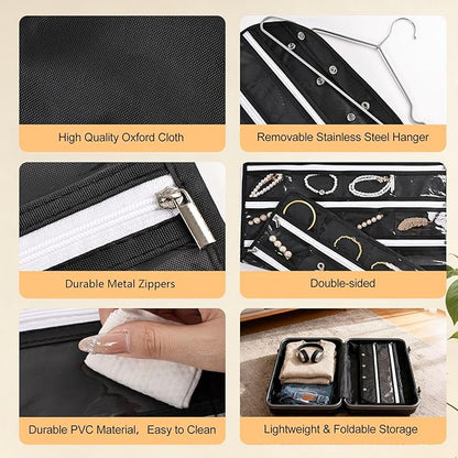 Hanging Jewelry Organizer Storage Roll 80 Zippered Pockets with Detachable Hanger Double-Sided Foldable, Travel Jewelry Holder for Earrings, Rings, Bracelets, Hanging on Closet, Wall, Door, Black