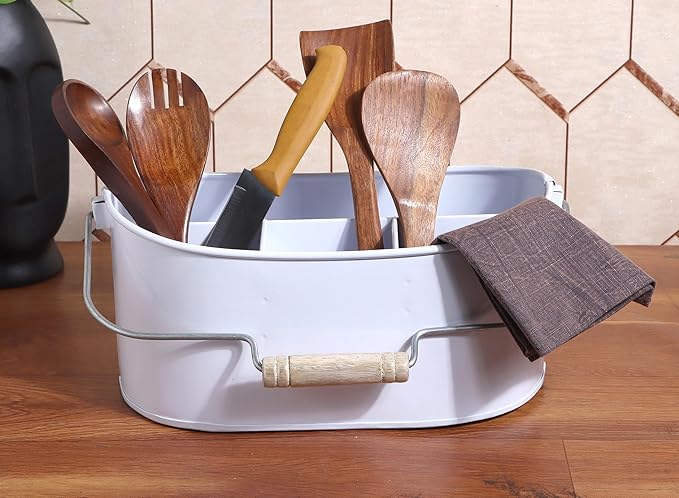 Alpha Living Home Farmhouse 4 Section Galvanized Utensil Caddy - Versatile Organizer for Kitchen, Party & Outdoor Events Rustic Silverware Holder, Cutlery Organizer, Picnic (White)