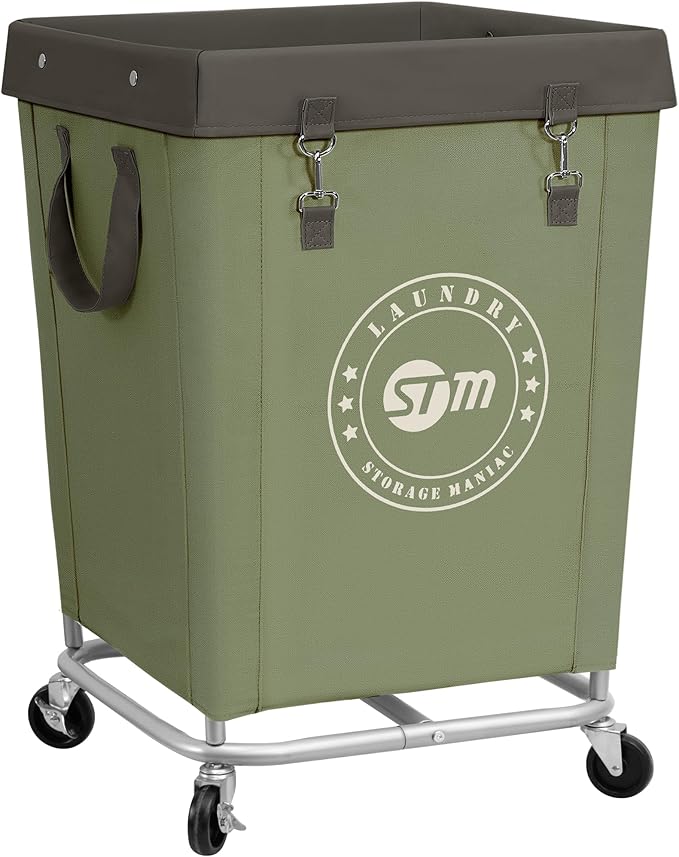 STORAGE MANIAC Commercial Laundry Hamper with Heavy Duty Steel Frame, 160 L Industrial Laundry Basket Cart with Wheels for Hotel, Home, Laundry Room, 18''L x 18''W x 31''H, Medium Green