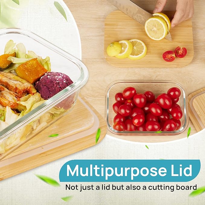 Vtopmart Glass Food Storage Containers with Bamboo Lids, 4 Pack Meal Prep Glass Containers Safe for Microwave, Oven, Freezer and Dishwasher, BPA Free