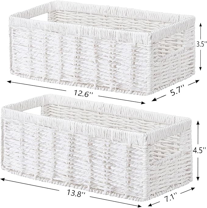 Vagusicc Wicker Storage Basket, Set of 2 Hand-Woven Paper Rope Wicker Baskets for Organizing Decor Storage Bins for Counter Shelves Pantry Basket Small Toilet Paper Basket for Toilet Tank Top, White