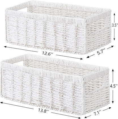 Vagusicc Wicker Storage Basket, Set of 2 Hand-Woven Paper Rope Wicker Baskets for Organizing Decor Storage Bins for Counter Shelves Pantry Basket Small Toilet Paper Basket for Toilet Tank Top, White