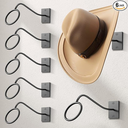 Cinati Cowboy Hat Rack for Wall 6 Pack, Cowboy Hat Holder Wall Mount, Western Rustic Metal Hats Hanger Hooks Organizer for Fedora,Sun Hats,Wide Brim,Western Room Decor