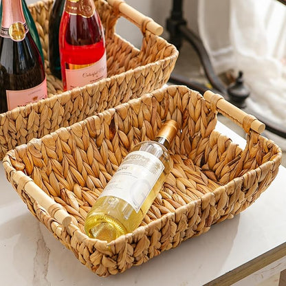 Mowtanco Woven Storage Baskets – Set of 2 Handwoven Water Hyacinth Wicker Baskets with Wooden Handles for Organizing, Decorative Baskets for Laundry Room, Home Decor - Large & Medium