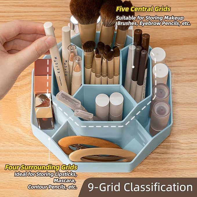 360° Rotating Makeup Brush Holder Organizer with 9 Slots, Makeup Organizers Countertop, Makeup organization and Skincare Storage for Vanity, Desktop, Bathroom (BLUE)