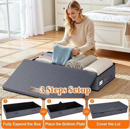StoreHappily Under Bed Storage Containers with Lids - 2 Pack, Foldable and Stackable Clothes Storage Bags with Clear Window, 3-Sided Handles and Label Slot for Clothing, Blankets, Pillows (Grey)