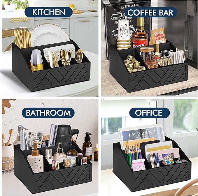 Ukonvi Paper Plate Dispenser, Paper Plate Holder for Kitchen Counter, Wood Rustic Silverware Utensil Caddy, Cutlery Flatware Organizer Box for Cups Spoons Forks Plates Napkins, Kitchen Accessories