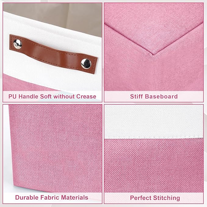 Bagnizer 13x13 Cube Storage Bins, Collapsible Fabric Storage Box, 4 Pack Closet Baskets with Handles for Organizing, Shelf, Toys, Clothes, Home, Office, Nursery (Pink&White)