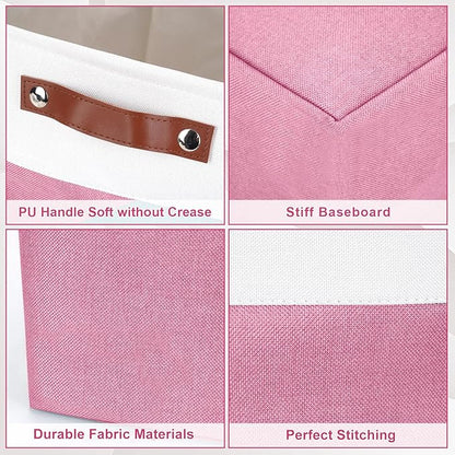 Bagnizer 13x13 Cube Storage Bins, Collapsible Fabric Storage Box, 4 Pack Closet Baskets with Handles for Organizing, Shelf, Toys, Clothes, Home, Office, Nursery (Pink&White)