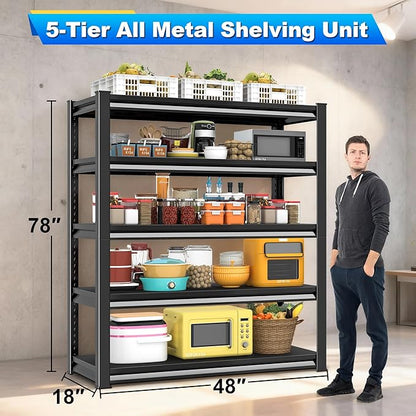 Garage Shelving Heavy Duty，Large Loads Adjustable Garage Storage Shelves, Metal Storage Racks and Shelving Units, Utility Rack Shelves,47.2”W x 18”D x 78”H, Black