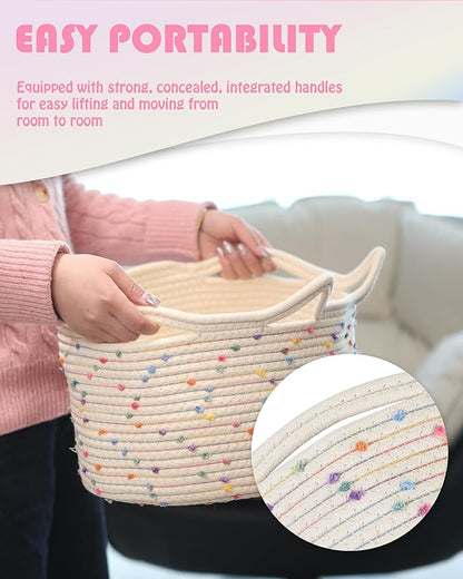Sea Team Cat Toy Basket with Handles, 16.5 x 11 x 7 Inches, 4.4 Gallons Large Cotton Rope Storage Bin, Box, Shelf Organizer for Pet Chew Toys, Foods, Rainbow Meow