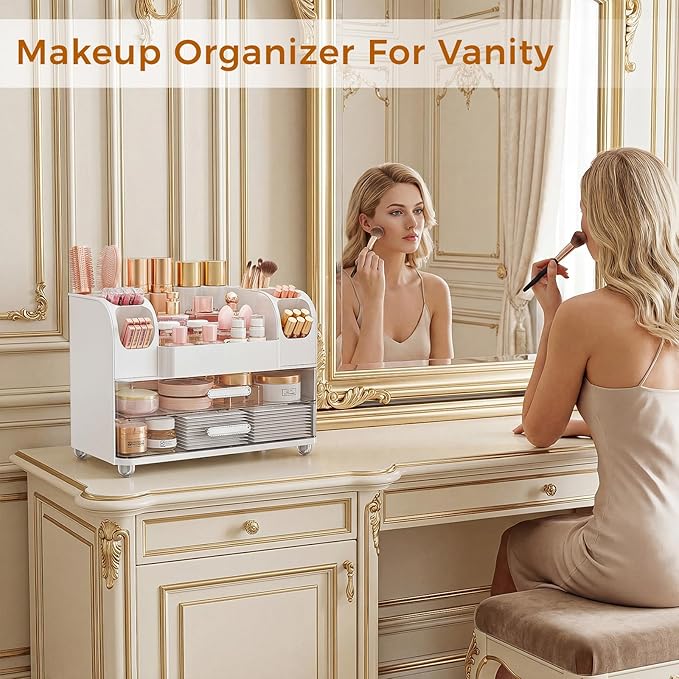 Makeup Organizer for Vanity with Drawers, Large Countertop Makeup Organizer - Skincare Storage, Brush Holder, Perfume & Cosmetics Display Case (White)