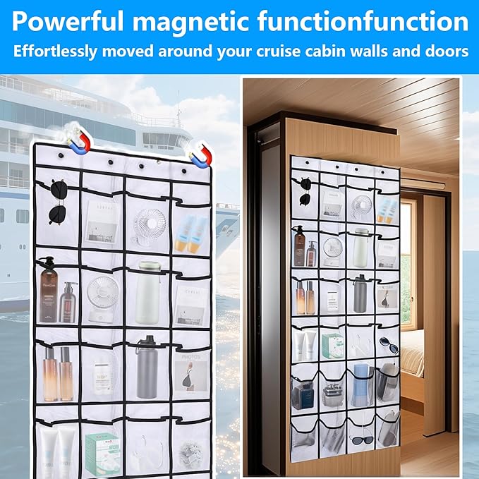 Cruise Approved Magnetic Door Organizer, 24 Mesh Pockets Over the Door Storage with Hooks, Magnetic Shoe Rack Holder for Cruise Ship Cabin, White 55x21 Inch