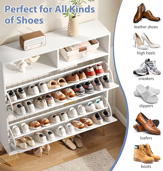 Shoe Cabinet Storage for Entryway, White Shoe Organizer with 2 Flip Drawers & Open Shelf, Hidden Large Shoe Storage Cabinet with Metal Legs, Freestanding Tipping Bucket Shoe Cabiet