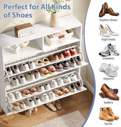 Shoe Cabinet Storage for Entryway, White Shoe Organizer with 2 Flip Drawers & Open Shelf, Hidden Large Shoe Storage Cabinet with Metal Legs, Freestanding Tipping Bucket Shoe Cabiet