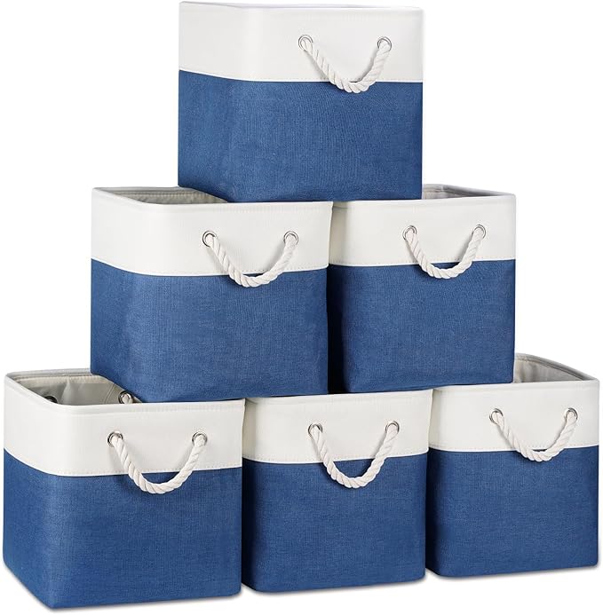 Temary Cube Storage Baskets 11x11, Set of 6 Decorative Fabric Bins with Metal Frame Around the Top Rim, Sturdy Collapsible Organizers for Closet, Office (White & Dark Blue)