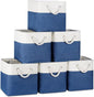 Temary Cube Storage Baskets 11x11, Set of 6 Decorative Fabric Bins with Metal Frame Around the Top Rim, Sturdy Collapsible Organizers for Closet, Office (White & Dark Blue)