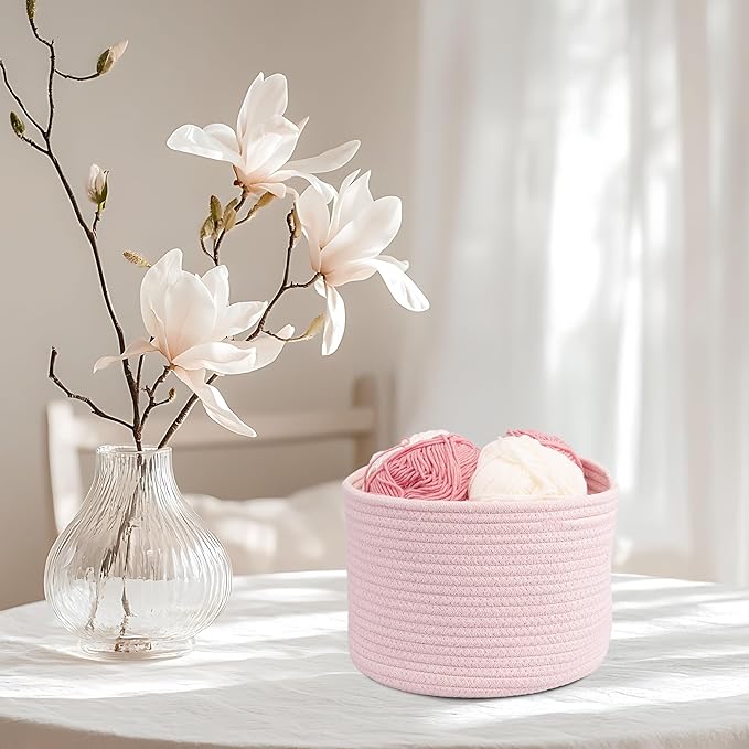 XUANGUO Woven Cotton Rope Storage Baskets - 3-Pack Round Bins (10x10x7'') for Shelves, Closets & Bookcases | Durable Rope Organizers for Nursery, Baby, Toys, Easter & More (pink)