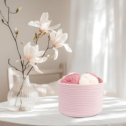 XUANGUO Woven Cotton Rope Storage Baskets - 3-Pack Round Bins (10x10x7'') for Shelves, Closets & Bookcases | Durable Rope Organizers for Nursery, Baby, Toys, Easter & More (pink)