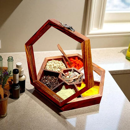 Wooden Spice Box, Masala Container, Condiments Storage Case for Kitchen, Multipurpose Decorative Box - Indian Rosewood Crafted