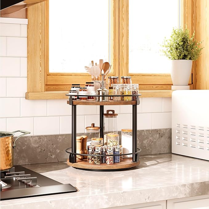 YATINEY Lazy Susan Organizer, Rotating Spice Rack, 2 Tier Spice Turntable Organizer, Industrial Turntable Spice Holder, for Kitchen Countertop and Cabinet, Compact and Versatile, Rustic Brown SR22BR