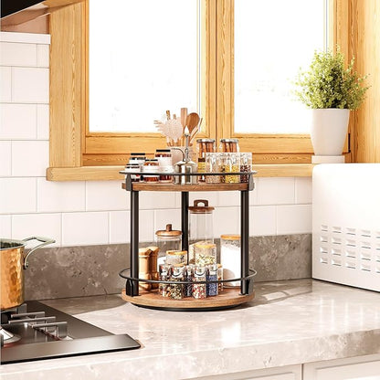 YATINEY Lazy Susan Organizer, Rotating Spice Rack, 2 Tier Spice Turntable Organizer, Industrial Turntable Spice Holder, for Kitchen Countertop and Cabinet, Compact and Versatile, Rustic Brown SR22BR