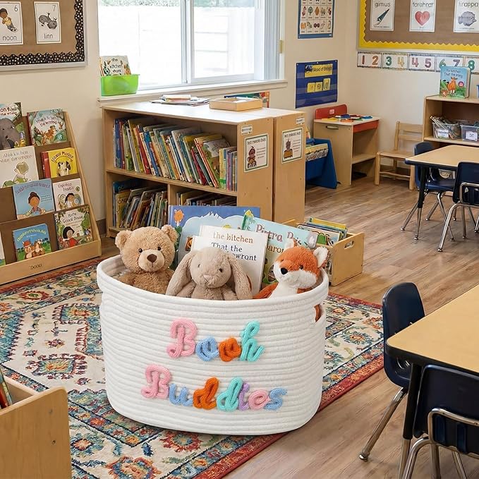 Threehoney Book Buddies Basket Preschool Book Toy Storage Basket with Handle Woven Cotton Rope Organizer for Back to School Kindergarten Preschool Classroom Graduation 15 x 10 x 9 Inches(Multicolored)