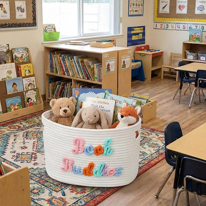 Threehoney Book Buddies Basket Preschool Book Toy Storage Basket with Handle Woven Cotton Rope Organizer for Back to School Kindergarten Preschool Classroom Graduation 15 x 10 x 9 Inches(Multicolored)