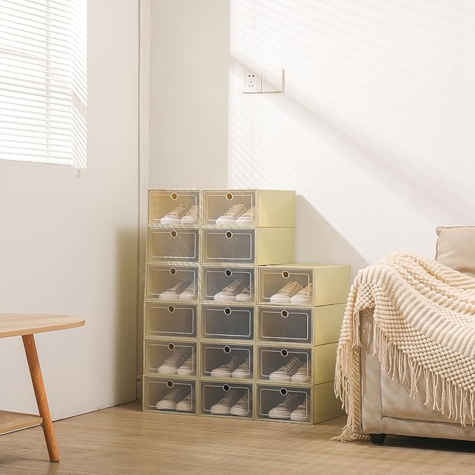 24 Pack Stackable Shoe Boxes with Clear Lids - Foldable Shoe Storage Organizer for Closet Cabinet, Color Options for Sneakers Flats Home Organization (Avocado Green)