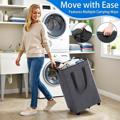 Laundry Basket with 5 Wheels, Tall Dirty Laundry Hamper, Rolling Laundry Basket with Lid, Collapsible Clothes Hamper for Bathroom Bedroom Dorm Laundry Room, Light Gray, 75L