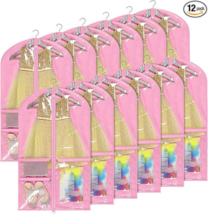 Univivi Dance Costume Bags Garment Bag 40 Inch Hanging Clothes for Dance Competitions, with 3 Medium Clear Zipper Pockets for Dance Costumes, Closet Storage (Pink) - 12 Pack