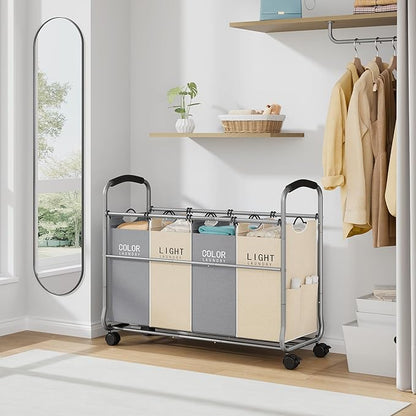 Tajsoon Laundry Sorter 4 Sections, Laundry Separator Hamper with Heavy Duty Lockable Rolling Wheels, Laundry Divider with Removable Bags for Dirty Clothes Storage, Beige & Grey