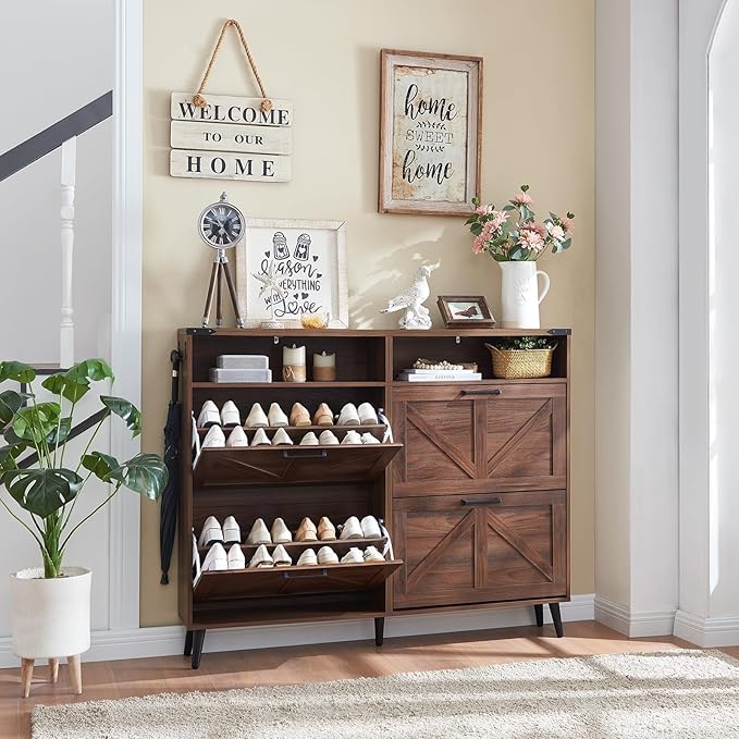 Barnyatoh Shoe Storage Cabinet,Farmhouse Shoe Organizer with 4 Flip Drawers & Barn Door Design,Freestanding Hidden Slim Narrow Shoe Rack Cabinet with Open Shelves for Entryway,Foyer,Hallway,Walnut