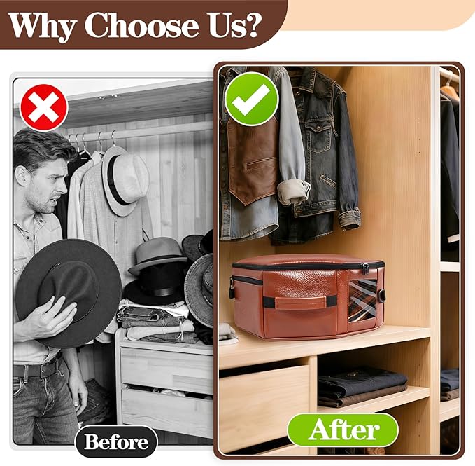 Vegan Leather Cowboy Hat Box for Travel - Large Octagonal Hat Travel Case Fits up to 5 Wide Brim Hats - Padded Hat Storage Organizer with Trolley Sleeve, Clear Window & Shoulder Strap, Brown