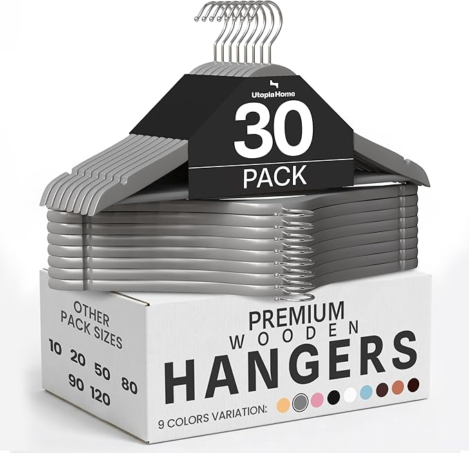 Utopia Home Premium Wooden Hangers 30 Pack - Durable & Slim Coat Hanger - Suit Hangers with 360-Degree Rotatable Hook - Wood Hangers with Shoulder Grooves (Grey)