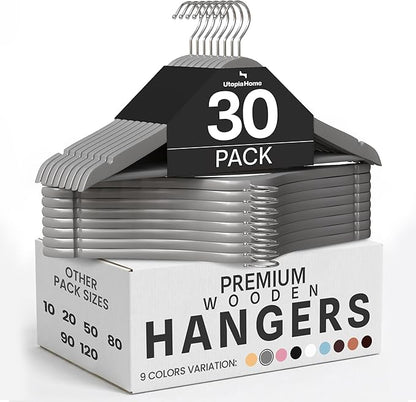 Utopia Home Premium Wooden Hangers 30 Pack - Durable & Slim Coat Hanger - Suit Hangers with 360-Degree Rotatable Hook - Wood Hangers with Shoulder Grooves (Grey)