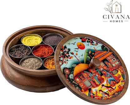 Wooden Spice box for kitchen with spoon, Mango wood box with 7 Steel containers | Masala box for kitchen | Masala Dani | Best Gift (Red Masala Box)