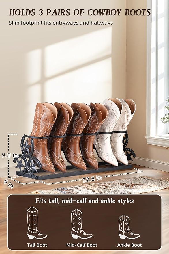 Western Horseshoe Boot Rack, Freestanding Metal Boot Stand for 3 Pairs, Adjustable Cowboy Boot Organizer with Texas Star Ends for Entryway or Mudroom, Gift for Cowboy Boot Lovers, Black