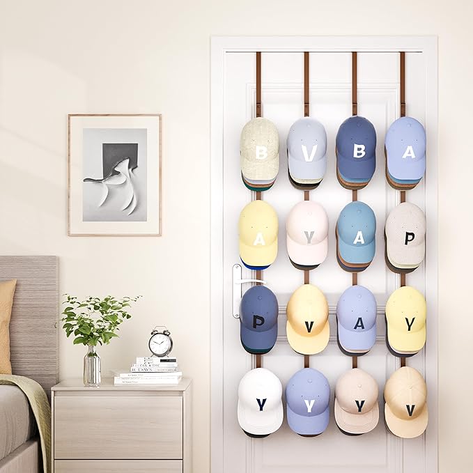SWTYMIKI Over Door Hat Organizer - 4 Packs Metal Hanging Hat Rack with 16 Hooks Design, Baseball Cap Hanger Organizer Storage Holds up to 80 Caps for Door, Bedroom, Closet