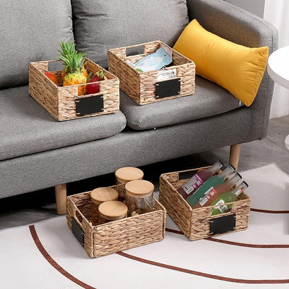 Water Hyacinth Storage Baskets Set of 4 - Foldable Seagrass Organizers with Chalk Labels,10.8x9x4.9 Inch,Rectangular Woven Pantry Bin for Shelves