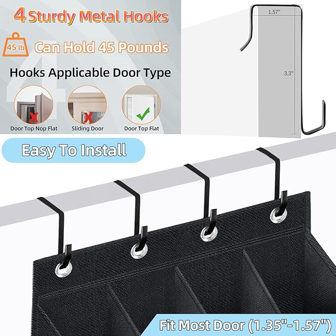 Over The Door Shoe Organizer with Large Deep Pockets - Multifunction Shoe Holder for Narrow Door Hanging - Black 16 Pockets