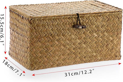 Hipiwe Wicker Shelf Baskets Bin with Lid, Handwoven Seagrass Basket Storage Bins Rectangular Household Basket Boxes for Shelf Wardrobe Home Organizer, Caramel Medium