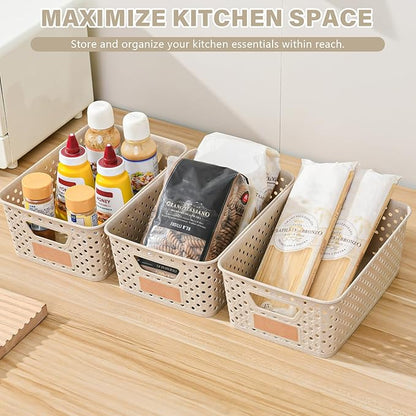 12 Pack Plastic Storage Baskets for Organizing, Storage Baskets for Shelves with Handles, Small Storage Bins with Labels, Organizer Baskets for Cabinet,Closet, Office,Natural