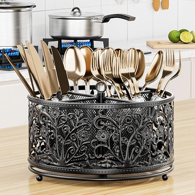 YIUKEA 360° Rotating Utensil Caddy - Silverware Cutlery Caddy Holder with 4 Compartment, Metal Flatware Organizer Countertop with Handle for Party Camping Picnic, Kitchen Counter, Office (Black)