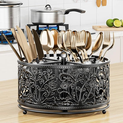 YIUKEA 360° Rotating Utensil Caddy - Silverware Cutlery Caddy Holder with 4 Compartment, Metal Flatware Organizer Countertop with Handle for Party Camping Picnic, Kitchen Counter, Office (Black)