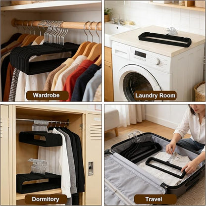 10 Pack Black Velvet Pants Hangers, Felt Plastic Hangers for Space Saving, Flocked Clothing Hanger Heavy Duty Non Slip with 360 Swivel Hook for Coat Jeans Shorts Skirts Tank Top
